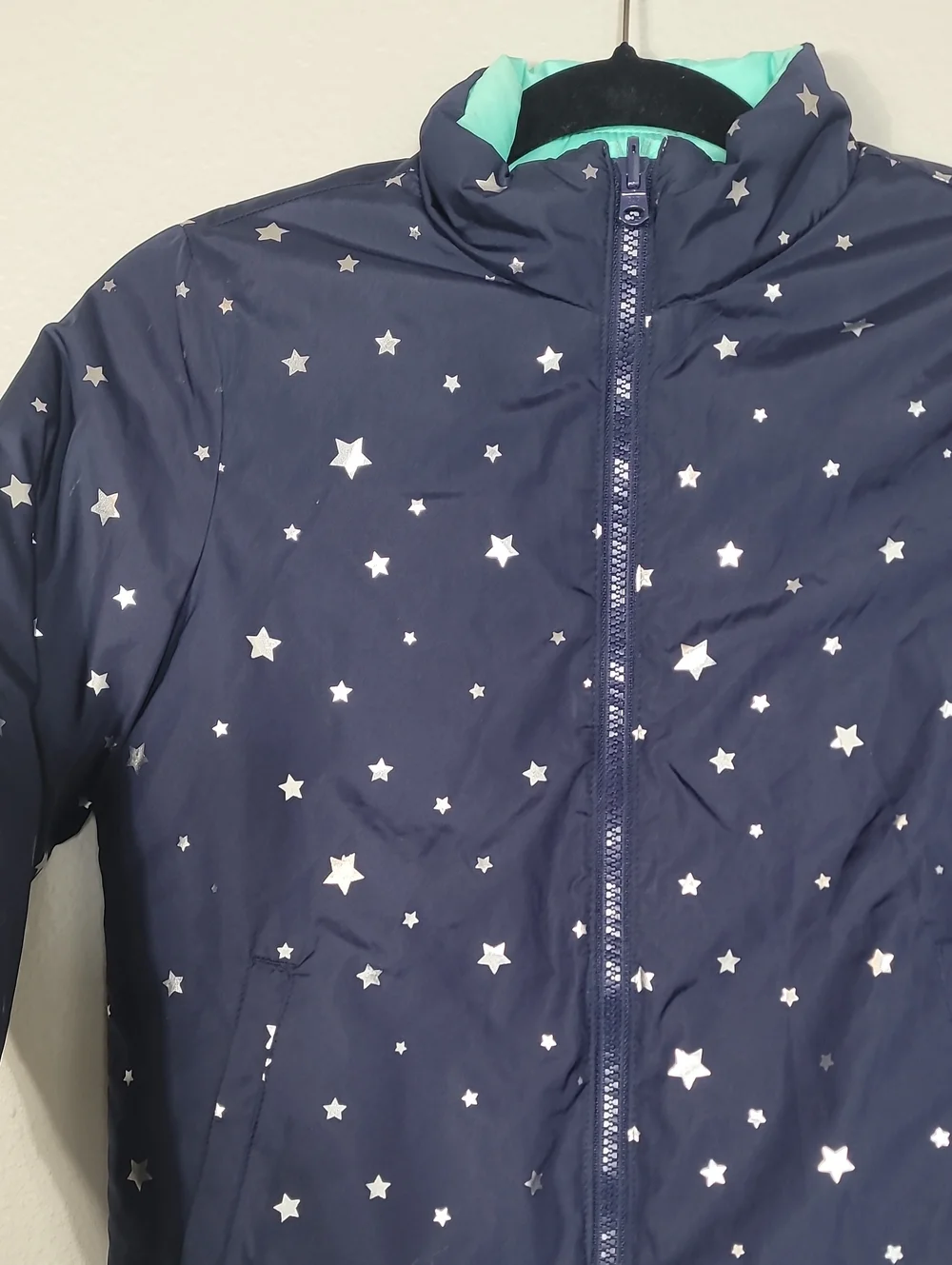 Gap Girls Reversible Puffer Jacket Size Medium 8 Navy Stars Teal Winter Kids